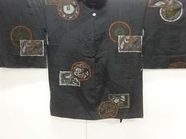 JAPANESE KIMONO / ANTIQUE TAISHO ROMANTIC LACQUERED FLORAL PATTERN WOV